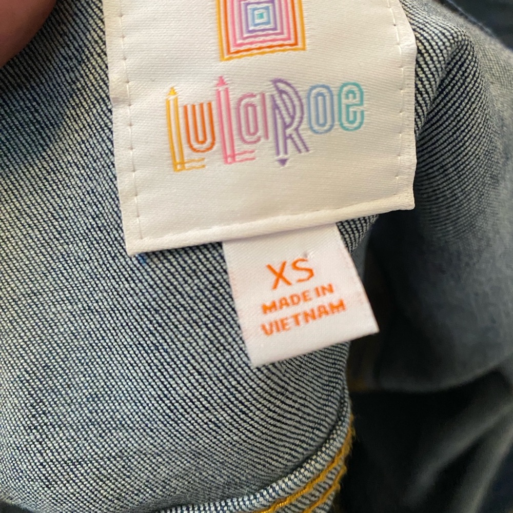 LulaRoe Kenny Denim Jacket Polka Dot, Hearts, Dark/Light Blue, Size Extra Small - Picture 12 of 13
